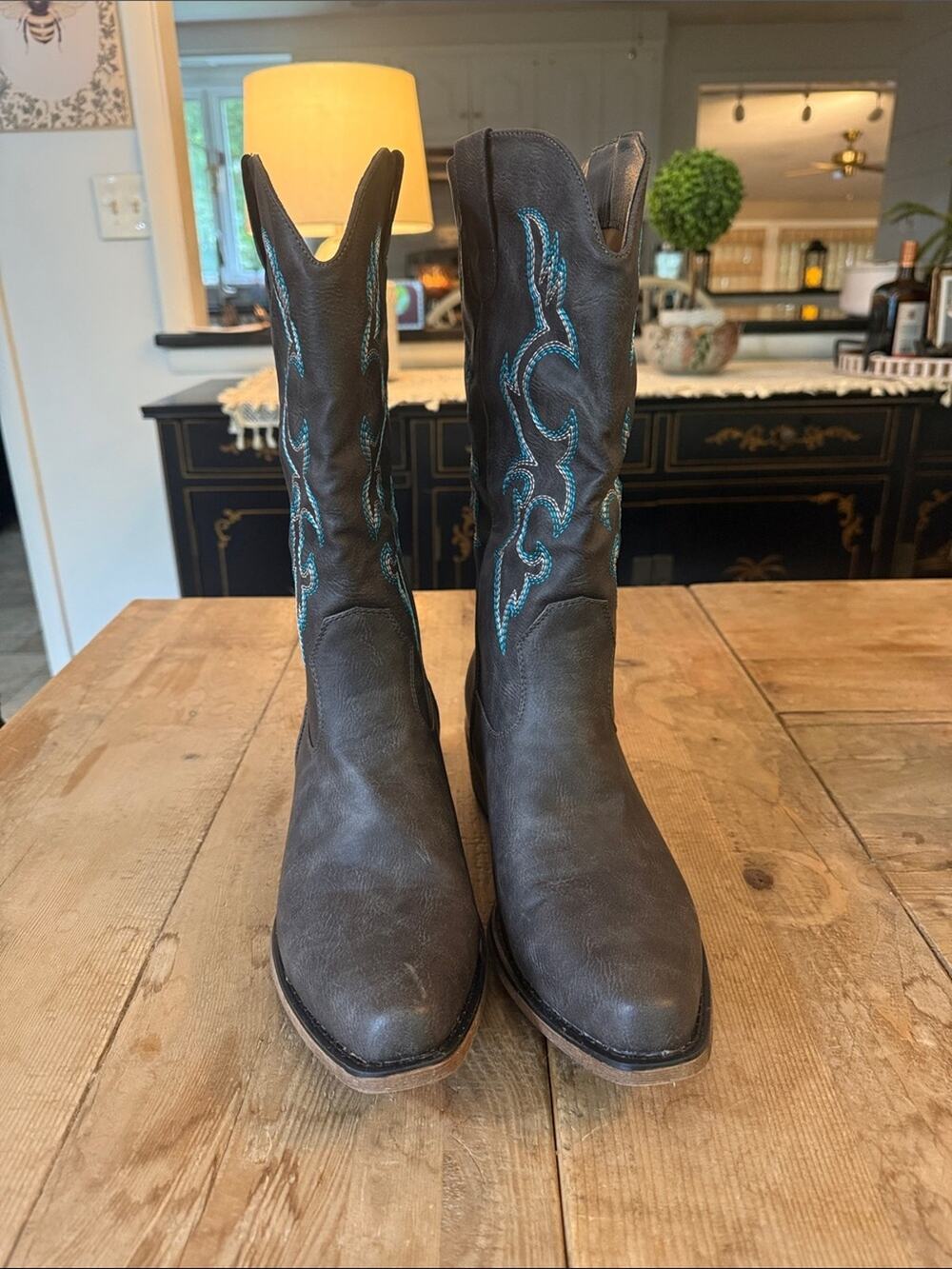 Women's Dark Brown Western Heeled Boots with Turquoise Stitching